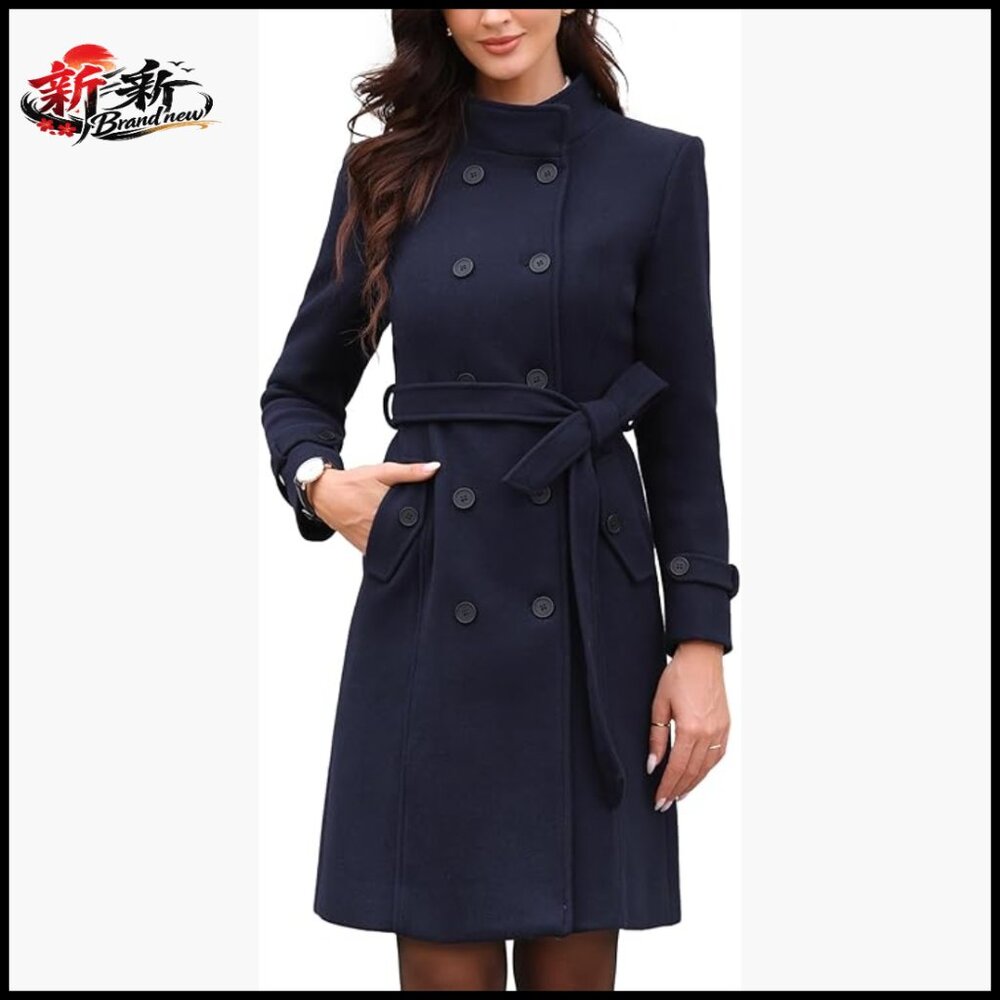 Polyester Pea Coat With Belt Double Breasted Trench Winter Coat